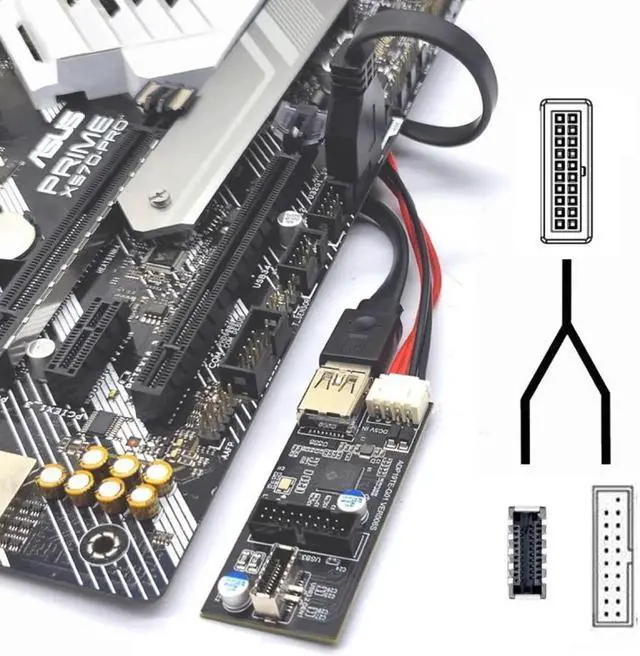 Alt view image 5 of 7 - Single 19/20Pin Header to USB 3.0 20Pin & Type-E Dual Ports Female PCBA Type Adapter Splitter HUB 5Gbps