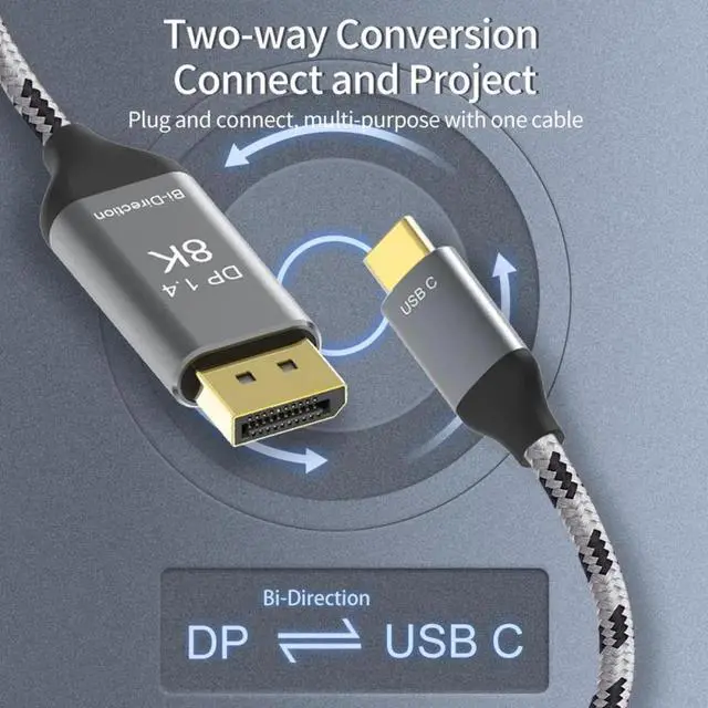 Alt view image 6 of 7 - Reversible DisplayPort DP Source to USB 3.1 Type C USB-C Displays Male 8K HDTV Cable for Laptop Monitor 1.8m