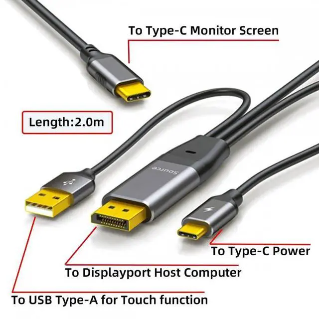 Alt view image 5 of 7 - Cable Reversed Displayport Source to Type C USB-C Touch Screen Displays Male 4K HDTV Cable for Laptop Monitor 2.0m