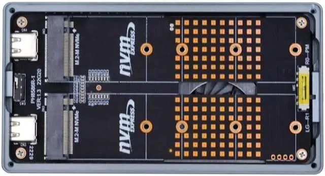 Alt view image 5 of 7 - Dual NVME M.2 NGFF M-Key to USB-C Type-C Raid0 Raid1 JBOD Big Enclosure 20Gbps with Fan Raid0 Hyper Adapter
