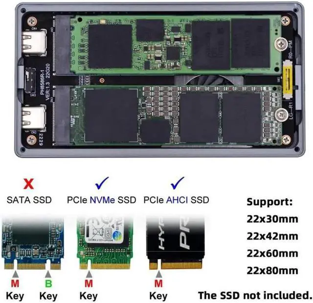 Alt view image 7 of 7 - Dual NVME M.2 NGFF M-Key to USB-C Type-C Raid0 Raid1 JBOD Big Enclosure 20Gbps with Fan Raid0 Hyper Adapter