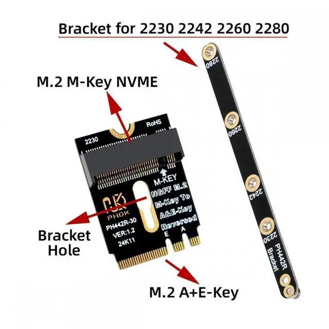 Alt view image 4 of 7 - 2230 NGFF A+E-Key Male to NVME M-key Female Extension PCI-E 4.0 Adapter with Bracket for Laptop Mainboard SSD 2280