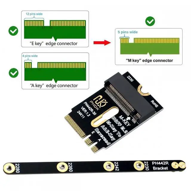 Alt view image 3 of 7 - 2230 NGFF A+E-Key Male to NVME M-key Female Extension PCI-E 4.0 Adapter with Bracket for Laptop Mainboard SSD 2280