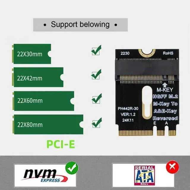 Alt view image 2 of 7 - 2230 NGFF A+E-Key Male to NVME M-key Female Extension PCI-E 4.0 Adapter with Bracket for Laptop Mainboard SSD 2280