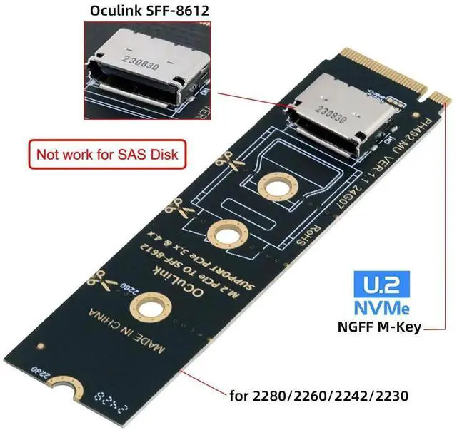 Alt view image 2 of 7 - 2280 PCI-E4.0 M.2 M-key to Oculink SFF-8612 SFF-8611 Vertical Host Adapter for NVME U.2 SSD eGPU
