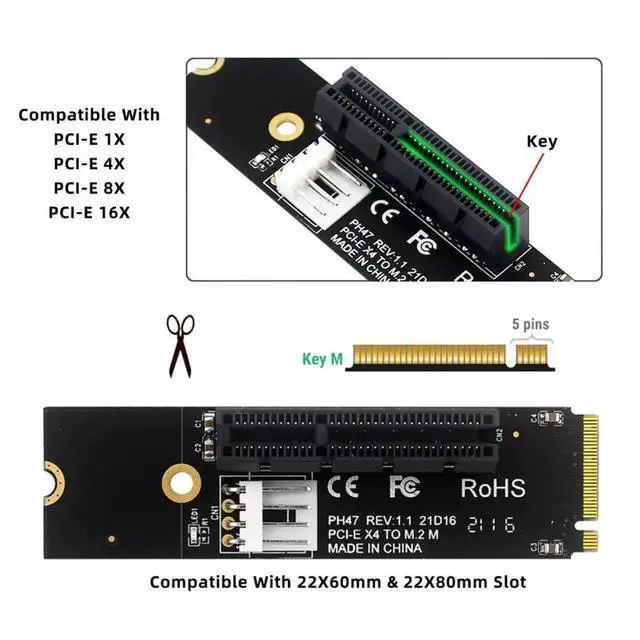 Alt view image 7 of 7 - M.2 NGFF NVMe M-Key Extender to PCI-E X1 X4 X8 X16 Graphics Card Riser Adapter PCI-Express for M2 2260 2280
