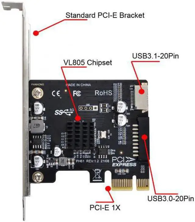 Alt view image 5 of 5 - UC-039 5Gbps Type-E USB 3.1 Front Panel SocketUSB 2.0 to PCI-E 1X Express Card VL805 Adapter for Motherboard