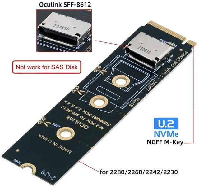 Alt view image 2 of 7 - 2280 PCI-E4.0 M.2 M-key to Oculink SFF-8612 SFF-8611 Vertical Host Adapter for NVME U.2 SSD eGPU
