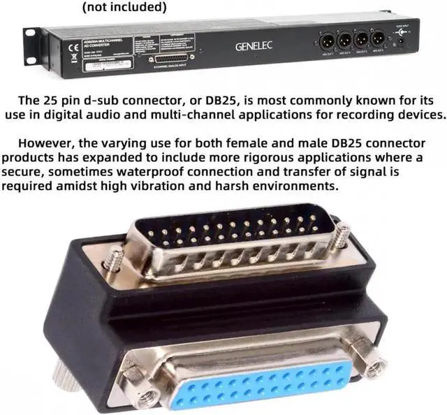 Alt view image 7 of 7 - DSUB Parallel LPT AES/EBU DB25pin Male Nut to Female Screw Extension Adapter DB Connector Down 90 Degree Angled