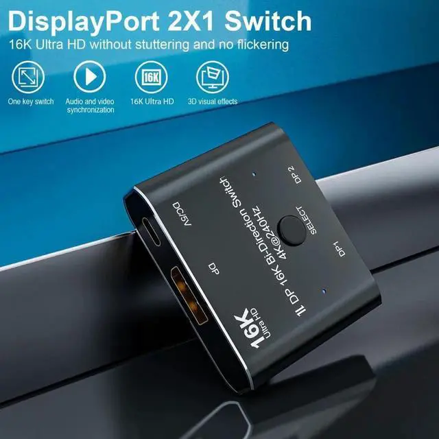 Alt view image 2 of 7 - DP DisplayPort 2.0 Bi-Direction 2x1 Switch Splitter Selector Hub Support HDCP SST Extended 16K@60hz 4K@240hz Convertor