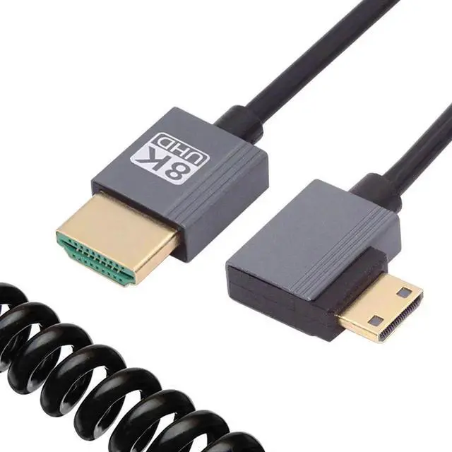 Main image of 90 Degree Left Angled Mini HDMI 2.1 Male to HDMI Male 8K 60hz Stretch Coiled Cable 100cm for HDTV Computer Laptop Monitor