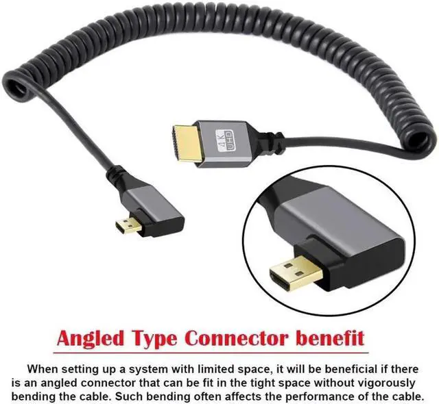 Alt view image 5 of 7 - Micro HDMI 2.0 Male to HDMI Male 4K 60hz Stretch Coiled Cable Right Angled 90 Degree for HDTV Computer Laptop Monitor