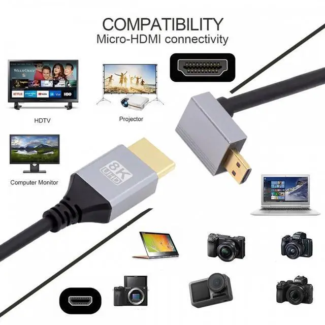 Alt view image 3 of 7 - 90 Degree Down Angled Micro HDMI 2.1 Ultra Thin HDTV Cable 8K 4K Hyper Super Flexible Slim Cord Type-A to Type-D for Camera HDTV