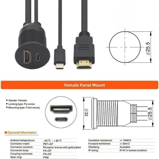 Alt view image 7 of 7 - Waterproof Dustproof USB-C Type-C USB 3.1 &HDMI 4K Extension Flush Car Latch Mount Extension Cable for Dashboard Panel