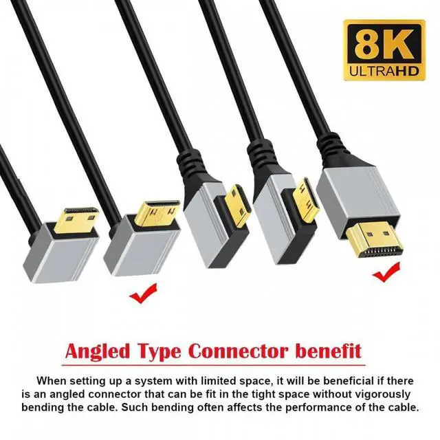 Alt view image 3 of 7 - 90 Degree Up Angled Mini HDMI 2.1 Ultra Thin HDTV Cable 8K 4K Hyper Super Flexible Slim Cord Type-A to Type-C for Camera HDTV