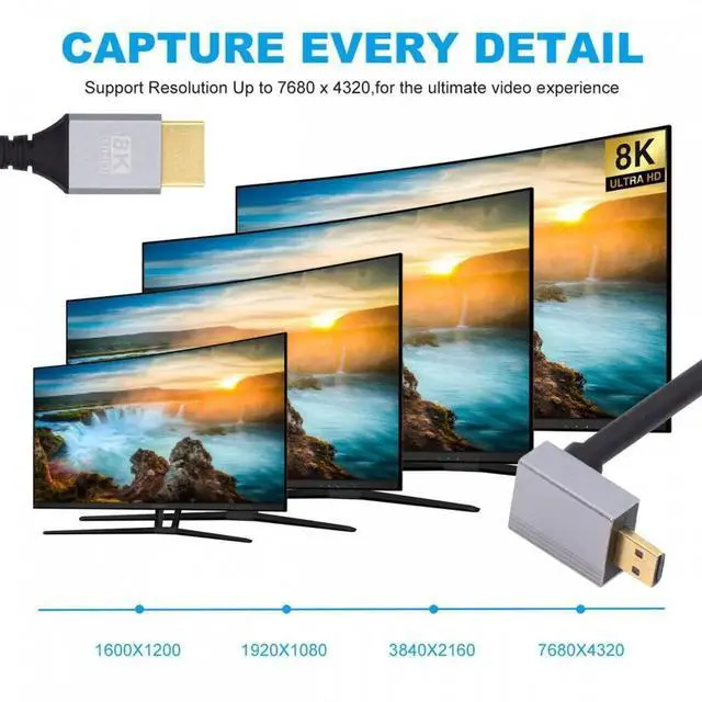 Alt view image 5 of 7 - 90 Degree Down Angled Micro HDMI 2.1 Ultra Thin HDTV Cable 8K 4K Hyper Super Flexible Slim Cord Type-A to Type-D for Camera HDTV