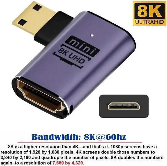 Alt view image 2 of 7 - Left Angled Mini HDMI Male to HDMI 2.1 Female UHD Extension Gold Converter Adapter Support 8K 60hz HDTV