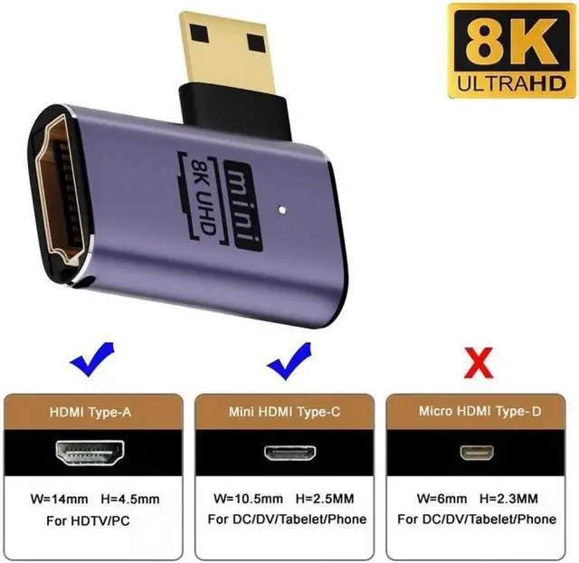 Alt view image 7 of 7 - Left Angled Mini HDMI Male to HDMI 2.1 Female UHD Extension Gold Converter Adapter Support 8K 60hz HDTV