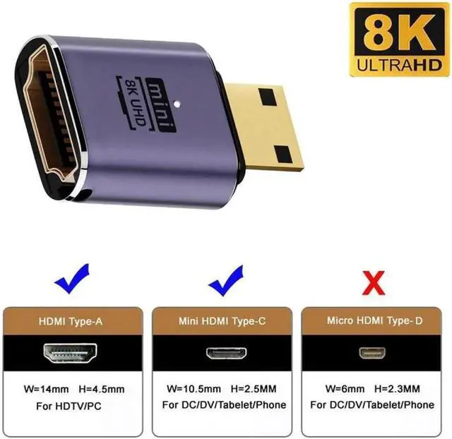 Alt view image 3 of 7 - Mini HDMI Male to HDMI 2.1 Female UHD Extension Gold Converter Adapter Support 8K 60hz HDTV