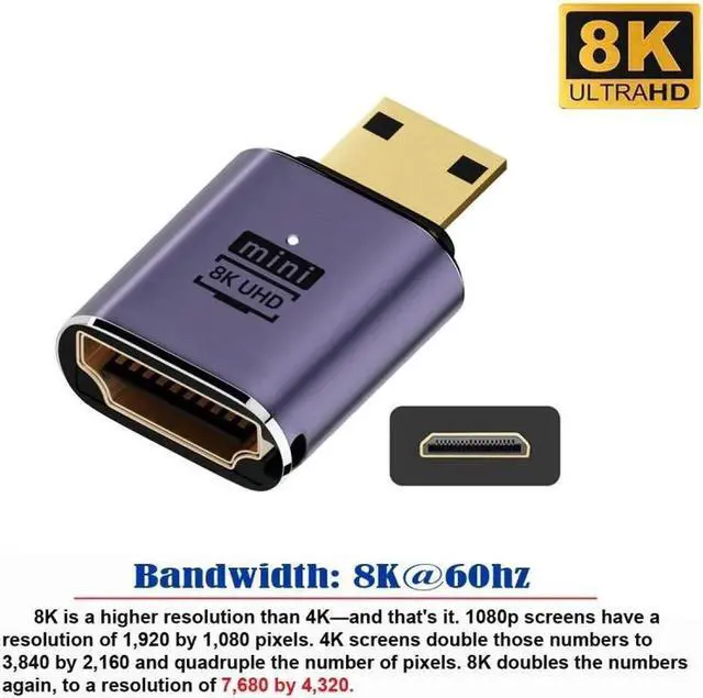 Alt view image 2 of 7 - Mini HDMI Male to HDMI 2.1 Female UHD Extension Gold Converter Adapter Support 8K 60hz HDTV