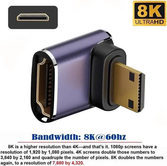 Alt view image 2 of 7 - Up Angled Mini HDMI Male to HDMI 2.1 Female UHD Extension Gold Converter Adapter Support 8K 60hz HDTV