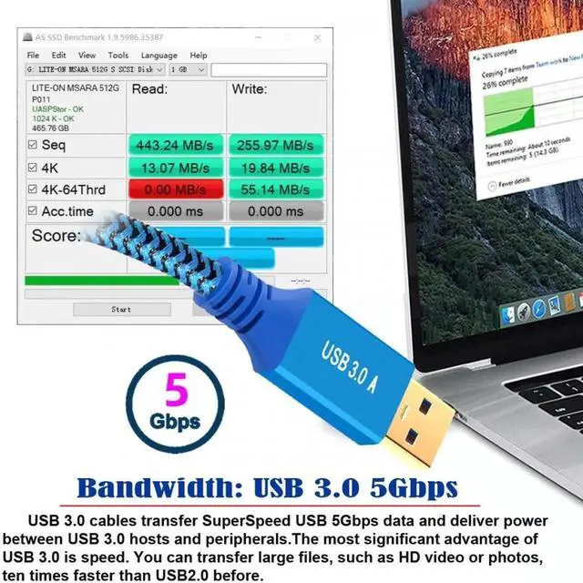 Alt view image 7 of 7 - 0.6M USB 3.0 Type-A Male to USB3.0 Type-B Male Cable Extension Blue 5Gbps for Disk SSD Camera Data
