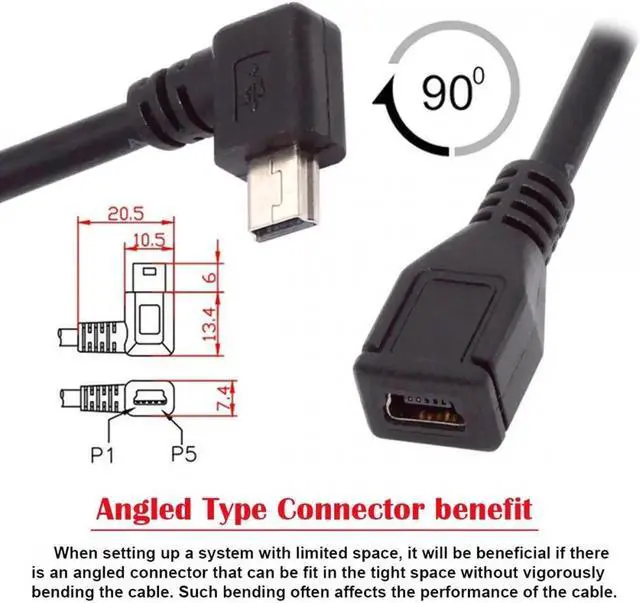 Alt view image 3 of 7 - 90 Degree Left Angled Mini USB 5Pin Male to Female Extension Cable 30cm for GPS Camera