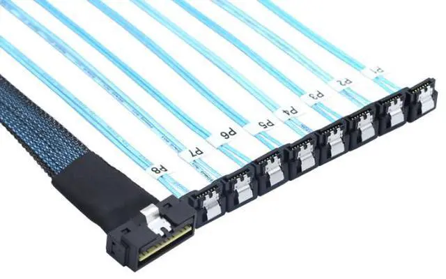 Main image of SlimSAS LP Low profile SFF-8654 81 74P converts to 8 SATA 7P 90-degree cable assemblies