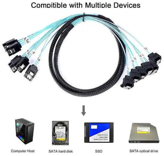Alt view image 4 of 5 - Six 180-degree SAT A 7P male to six 90-degree straight SAT A 7P female solid-state hard drive high-speed connection cables 1m