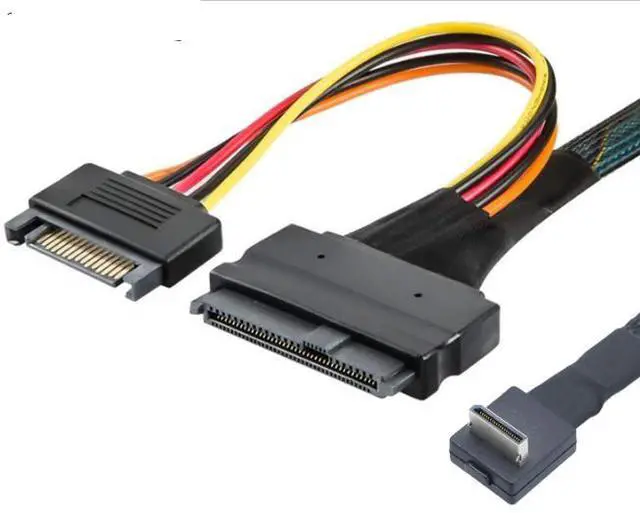 Alt view image 4 of 5 - PCIE Oculink SFF 8611 41 90-degree to U.2 SAS SFF 8639+15P SATA cable 1m