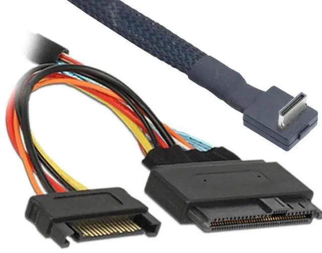 Alt view image 5 of 5 - PCIE Oculink SFF 8611 41 90-degree to U.2 SAS SFF 8639+15P SATA cable 1m