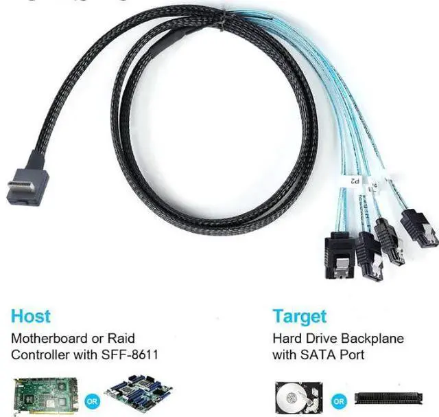 Alt view image 5 of 5 - OCuLink PCl-Express SAS SFF-8611 4-port 90-degree to 4X SATA 7P connection cable