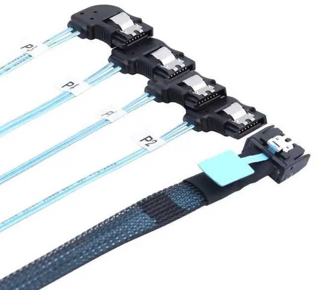 Alt view image 5 of 5 - SlimSAS 8654 MCI0 41(38P)to 4 SATA 7P PCIE 5.0Left-Angle Data Connection Cable 1m