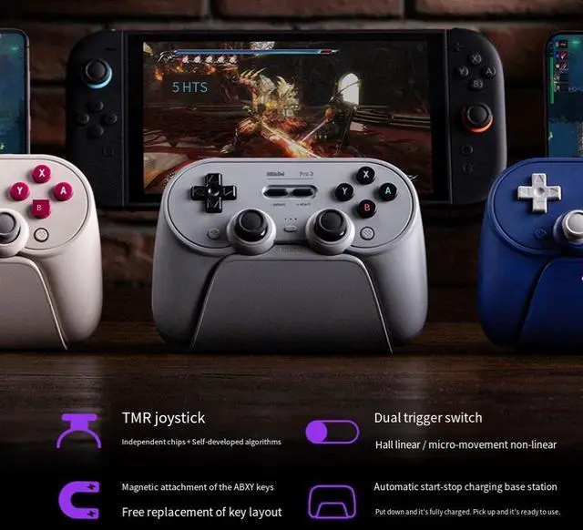 Alt view image 5 of 6 - Pro 3 Wireless Bluetooth Grip Controller TMR Joystick Switch 2/PC/Steam Android purple