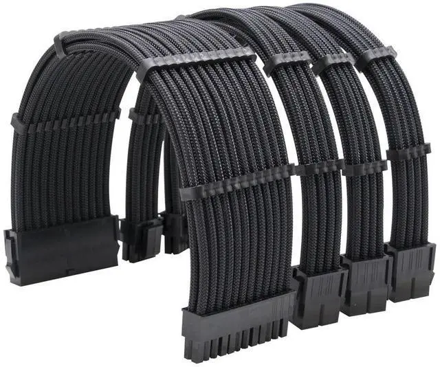 Main image of JVFYI ATX computer VGA power extension cable data cable nylon braided mesh arc-shaped 4-piece set 18AWG tin-plated copper black