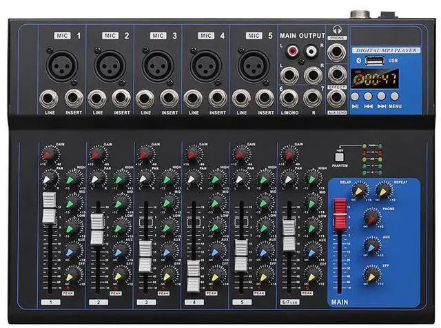 Main image of Small 4-channel and 7-channel mixing console with loopback for live streaming in home stage, equipped with USB and Bluetooth DJ mixer for audio mixing. Seven-channel mixer console