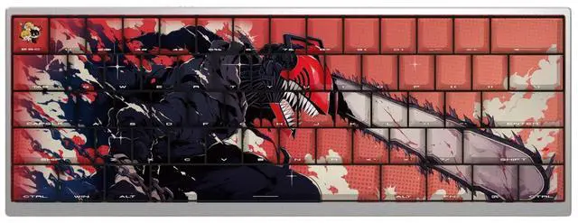 Main image of Electric keycap with saw blade, human theme, side-engraved transparent characters in 2D style, shifted 63, 64, 68, 75 to the left. Only compatible with 60-87-98-104-108