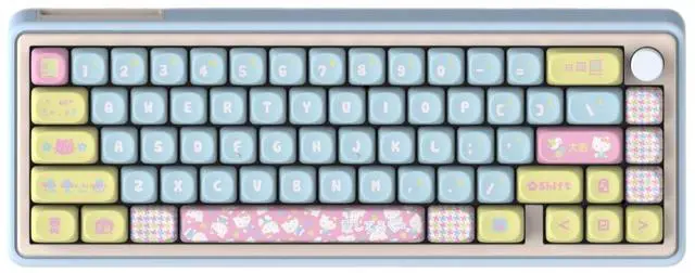 Main image of Hello Kitty-themed cute keycaps, moa with high individuality, in light pink and light blue, compatible with mechanical keyboards.