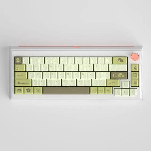 Main image of Brown keycaps in fresh green color, made of high-quality PBT material, with five-sided heat transfer coating, suitable for mechanical keyboards.