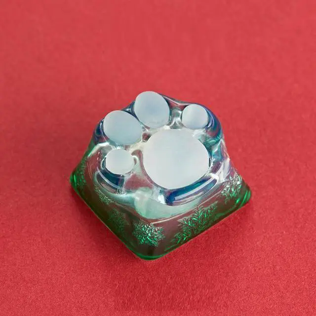 Main image of Original design transparent Tiffany cute 3D printed Christmas cat paw keycaps made of transparent resin keycaps Christmas Green
