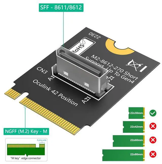 Alt view image 3 of 7 - NVMe M.2 Key M to Oculink Adapter SFF-8611 / SFF-8612, PCIe x4 4.0 Converter