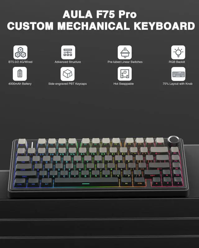 Alt view image 2 of 7 - F75 Pro Wireless Mechanical Keyboard,75% Hot Swappable Custom Keyboard with Knob,RGB Backlit,Pre-lubed Reaper Switches,Side Printed PBT Keycaps,2.4GHz/USB-C/BT5.0 Mechanical Gaming Keyboards