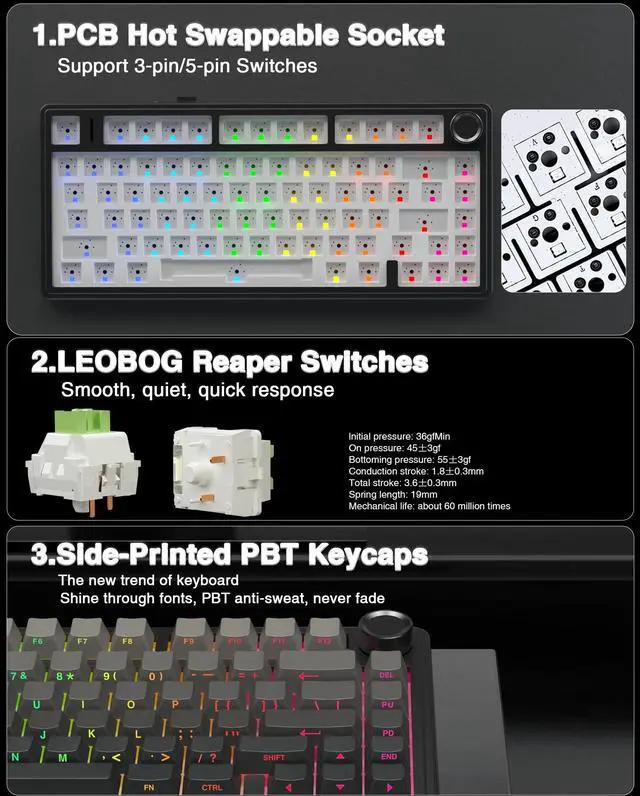 Alt view image 4 of 7 - F75 Pro Wireless Mechanical Keyboard,75% Hot Swappable Custom Keyboard with Knob,RGB Backlit,Pre-lubed Reaper Switches,Side Printed PBT Keycaps,2.4GHz/USB-C/BT5.0 Mechanical Gaming Keyboards