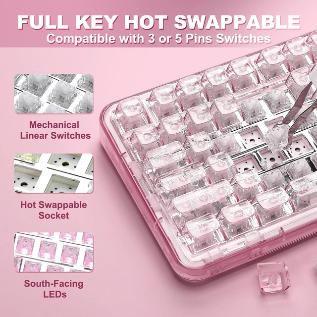 Alt view image 2 of 7 - X98 Clear Wireless Mechanical Keyboard with Knob (Pink, Snow Switch) | BT5.0/USB-C/2.4GHz,1800 Layout with Number Pad,Pre-lubed Switches Gasket Mount ,Clear Keyboard with RGB for Wins/Mac/Gaming