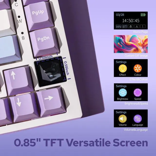 Alt view image 3 of 6 - Ajazz AK820 Pro 75% Wireless Mechanical Keyboard with TFT Smart Display&Knob, Gasket-Mounted Gaming Keyboard, Bluetooth/2.4GHz/USB-C Wired (Purple, Gift Switch)