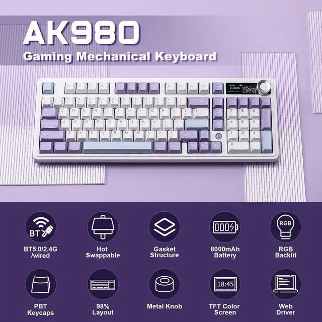 Alt view image 2 of 7 - AJAZZ AK980 Mechanical Keyboard with Smart Display & Knob,98% Wireless Keyboard Tri-Mode BT/2.4G/USB-C, Hot Swappable, PBT Keycaps, with RGB Light for Win & Mac(Purple,Murad Switch)