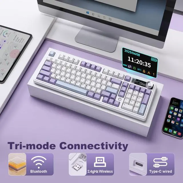 Alt view image 3 of 7 - AJAZZ AK980 Mechanical Keyboard with Smart Display & Knob,98% Wireless Keyboard Tri-Mode BT/2.4G/USB-C, Hot Swappable, PBT Keycaps, with RGB Light for Win & Mac(Purple,Murad Switch)