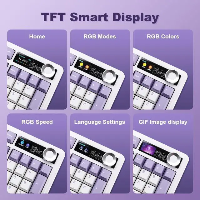 Alt view image 5 of 7 - AJAZZ AK980 Mechanical Keyboard with Smart Display & Knob,98% Wireless Keyboard Tri-Mode BT/2.4G/USB-C, Hot Swappable, PBT Keycaps, with RGB Light for Win & Mac(Purple,Murad Switch)