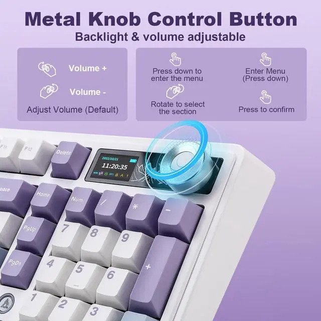 Alt view image 4 of 7 - AJAZZ AK980 Mechanical Keyboard with Smart Display & Knob,98% Wireless Keyboard Tri-Mode BT/2.4G/USB-C, Hot Swappable, PBT Keycaps, with RGB Light for Win & Mac(Purple,Murad Switch)