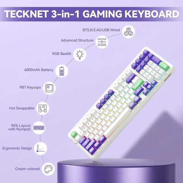 Alt view image 2 of 7 - Mechanical Gaming Keyboard,Hot-Swappable with Sky Switches,Tri-Mode Bluetooth/2.4GHz/USB-C Custom Creamy Keyboard,96% Compact Layout,RGB Backlit Computer Keyboard for PC/Laptop/Mac (97 Keys)
